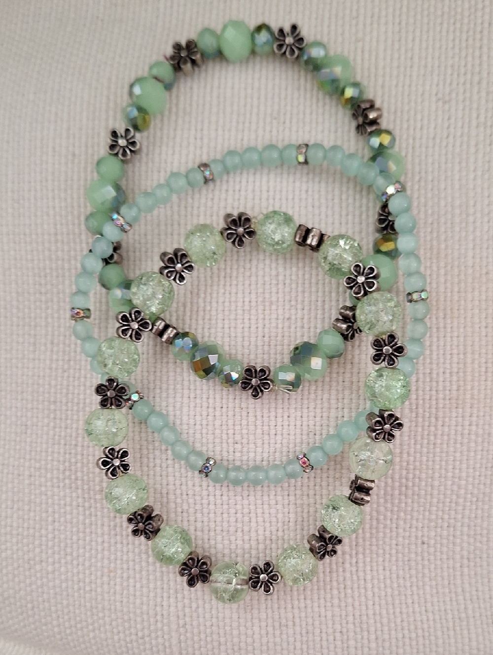 Mint Green Beaded Stretch Bracelet Set with Floral Accents